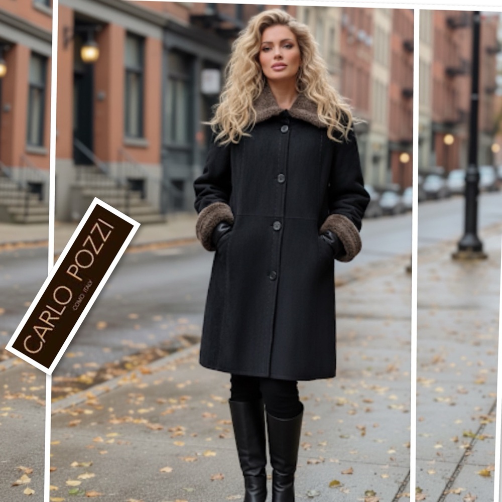 CARLO POZZI Shearing Coat Suede Made In Italy Sheepskin Fur Trim Long Swing 46